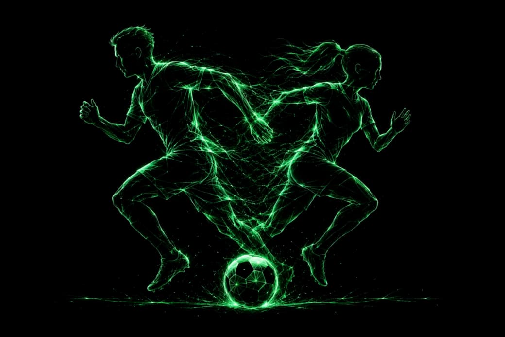 Due calciatori, uomo e donna, in corsa verso un pallone — stile rete luminosa verde su nero